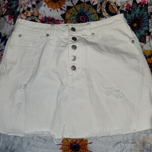 We The Free White Distressed Denim Button Fly Skirt